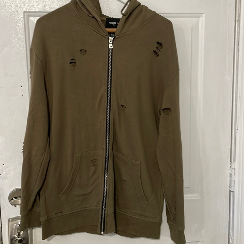 Distressed Olive Zip-Up Sweater
